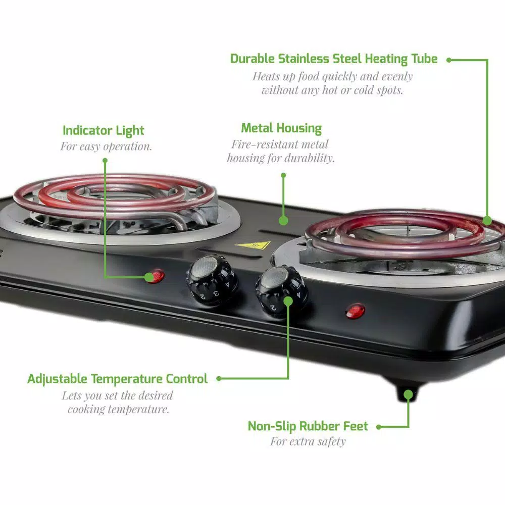 Ovente BGC102B Electric Double Coil Hot Plate Burner, 1700W, Black
