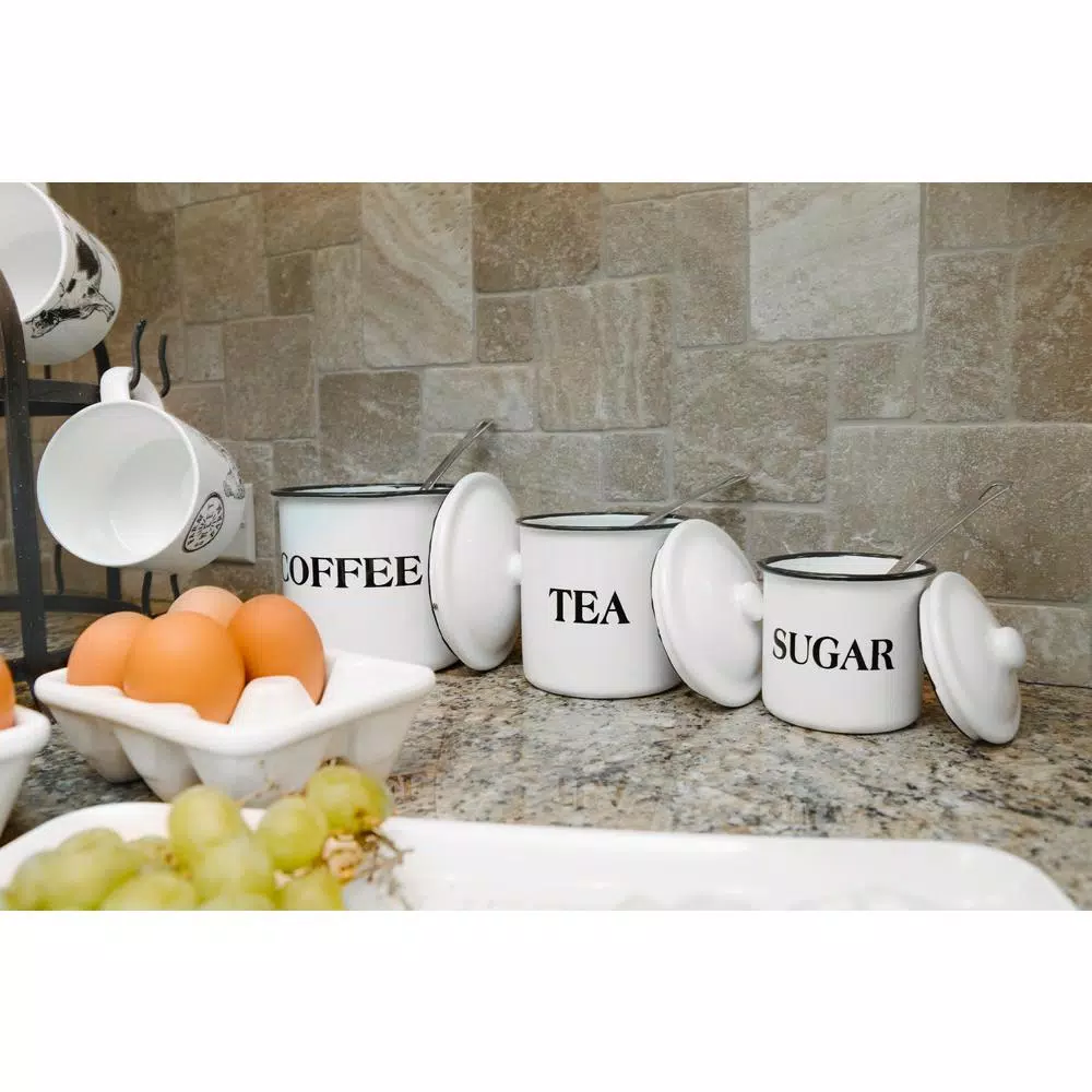 3R Studios 3-Piece White Metal Kitchen Canister Set with Coffee, Tea, and Sugar Labels