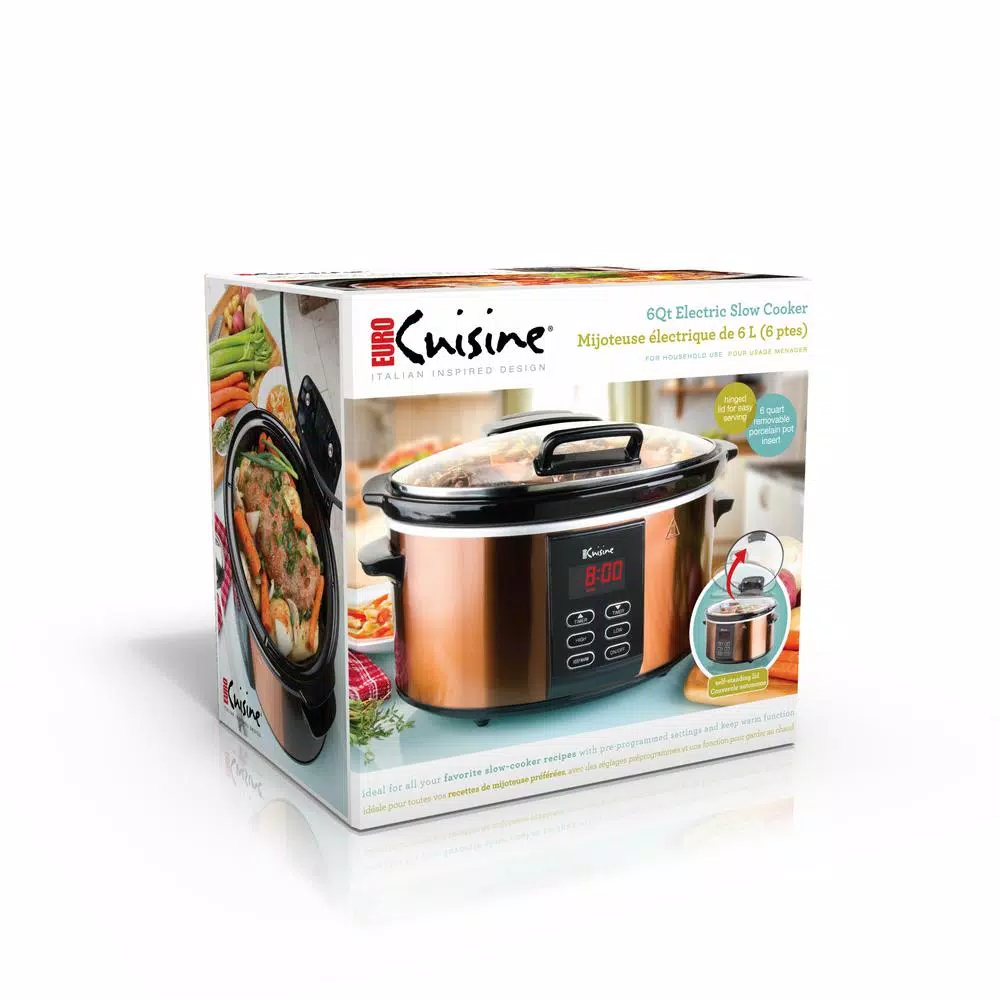 Euro Cuisine 6 Qt. Copper Electric Digital Slow Cooker with Programmable Timer and Hinged Glass Lid