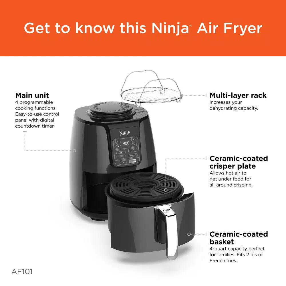 Ninja 4 Qt. Air Fryer, Black and Gray Electric Countertop Fryer with Recipe Book