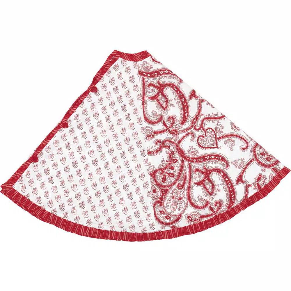 VHC Brands 50 in. Natalia Cherry Red Farmhouse Christmas Tree Skirt with Floral and Paisley Patterns