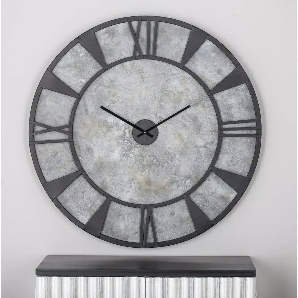 LITTON LANE 35 in. Modern Industrial Round Wall Clock - Matte Black Iron and Stone Gray Wood