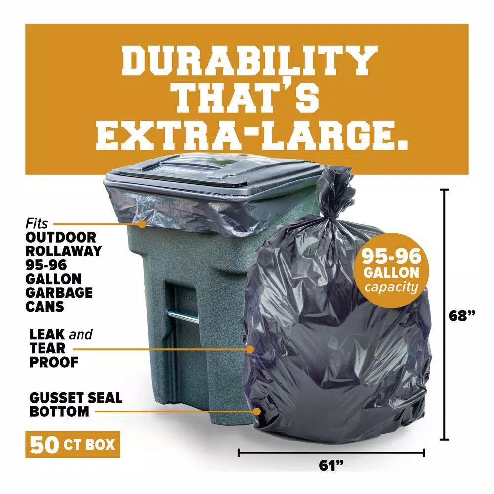 Plasticplace 95-96 Gallon Black Gusset Seal Trash Bags, 2.0 mil Thickness, 61 x 68 in, 50 Count Case