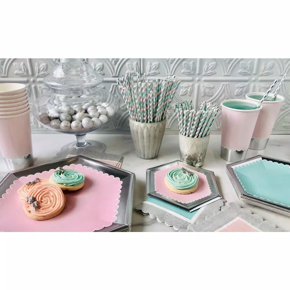 Sugar Plum Party SugarPlum Collection Hexagon Blush Pink Dinner Plates with Metallic Silver Rim, 16-Piece Set