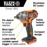 Klein Tools 1/2 in. Compact Impact Wrench, 210 ft-lbs Max Torque, 20V Cordless (Tool Only) thumbnail 2