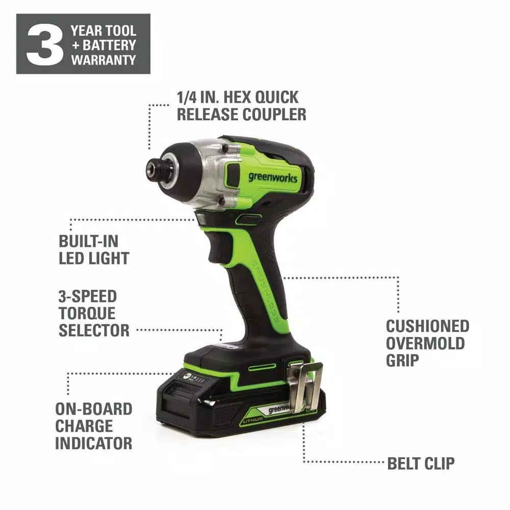Greenworks 24V Cordless Brushless Impact Driver, 1/4 in. Hex, Tool Only