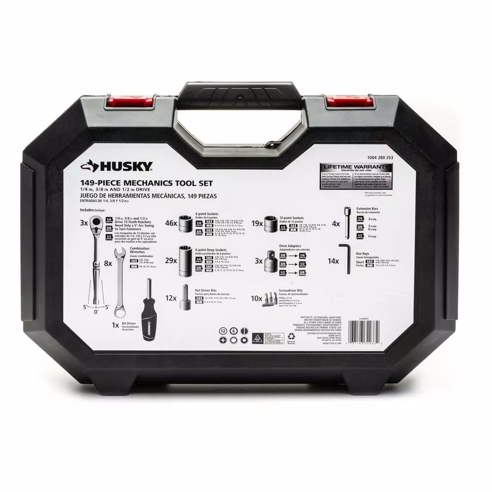 Husky 149-Piece Mechanics Tool Set with 1/4 in., 3/8 in., and 1/2 in. Drive Ratchets and Sockets