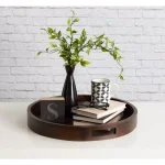 Kate and Laurel Hutton 18.25 in. Round Walnut Brown Wooden Decorative Serving Tray with Built-in Handles thumbnail 4