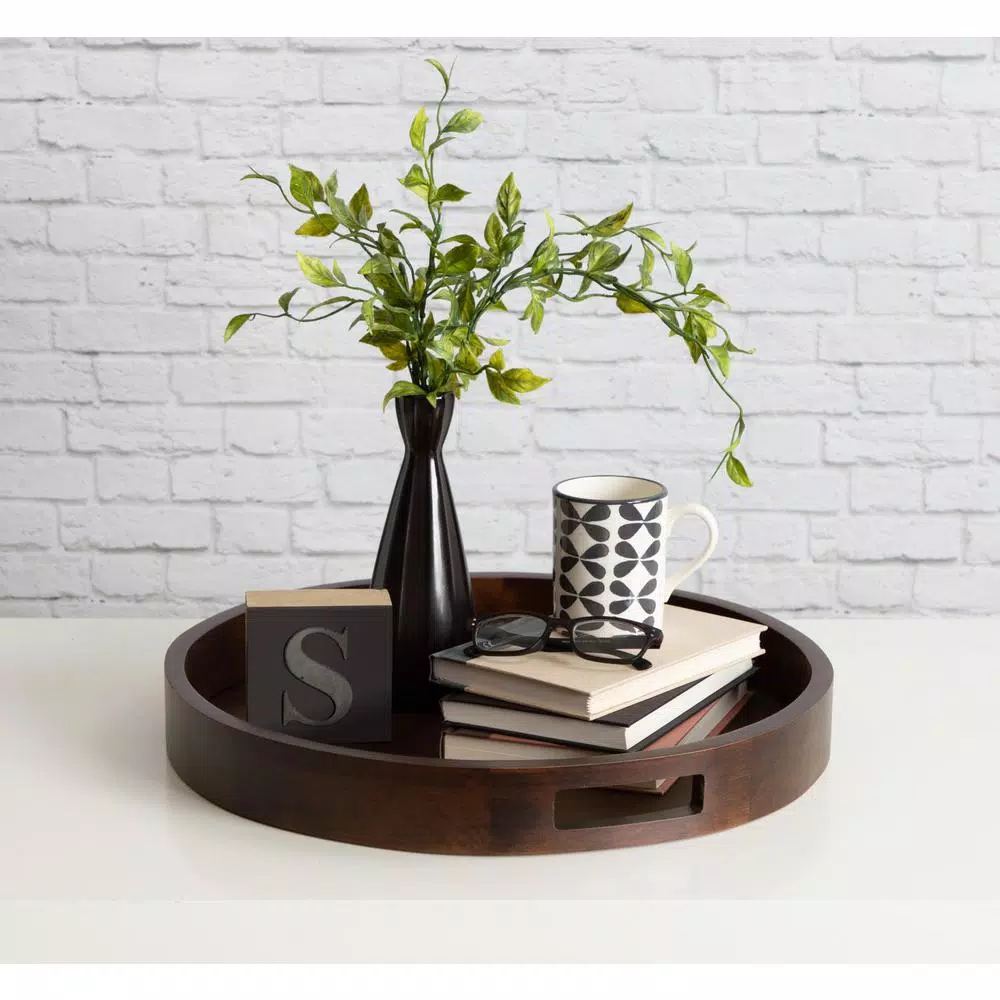 Kate and Laurel Hutton 18.25 in. Round Walnut Brown Wooden Decorative Serving Tray with Built-in Handles