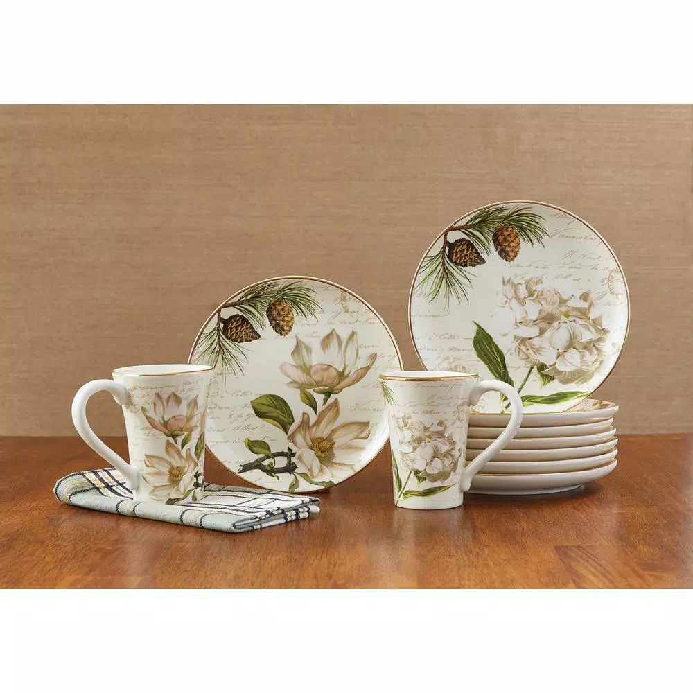 Park Designs Wintertime Multicolor Ceramic Salad Plate Set, Assorted Hydrangea and Magnolia Designs (Set of 4)