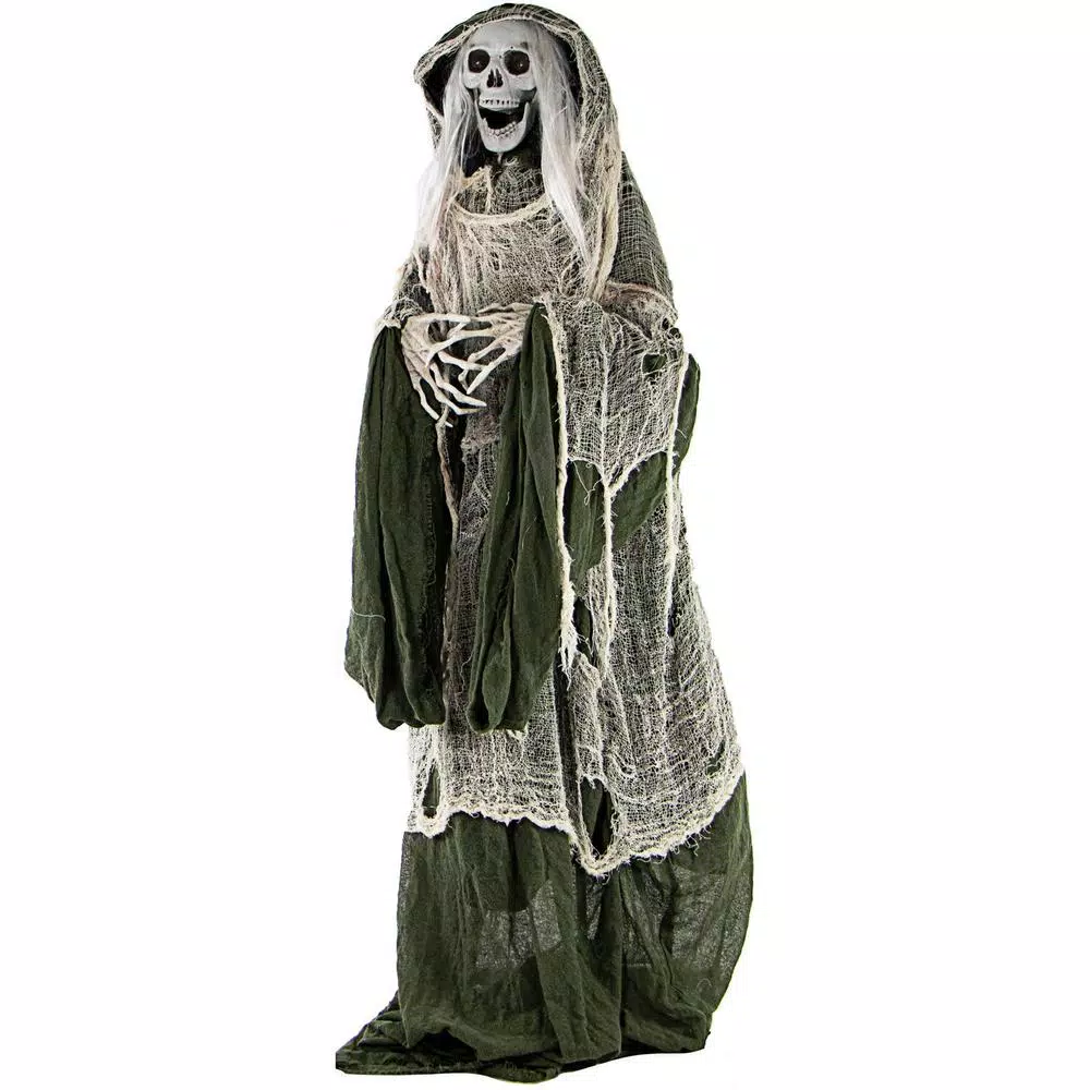 Haunted Hill Farm 5 ft. Animatronic Moaning Skeleton Halloween Prop with Green Cloak
