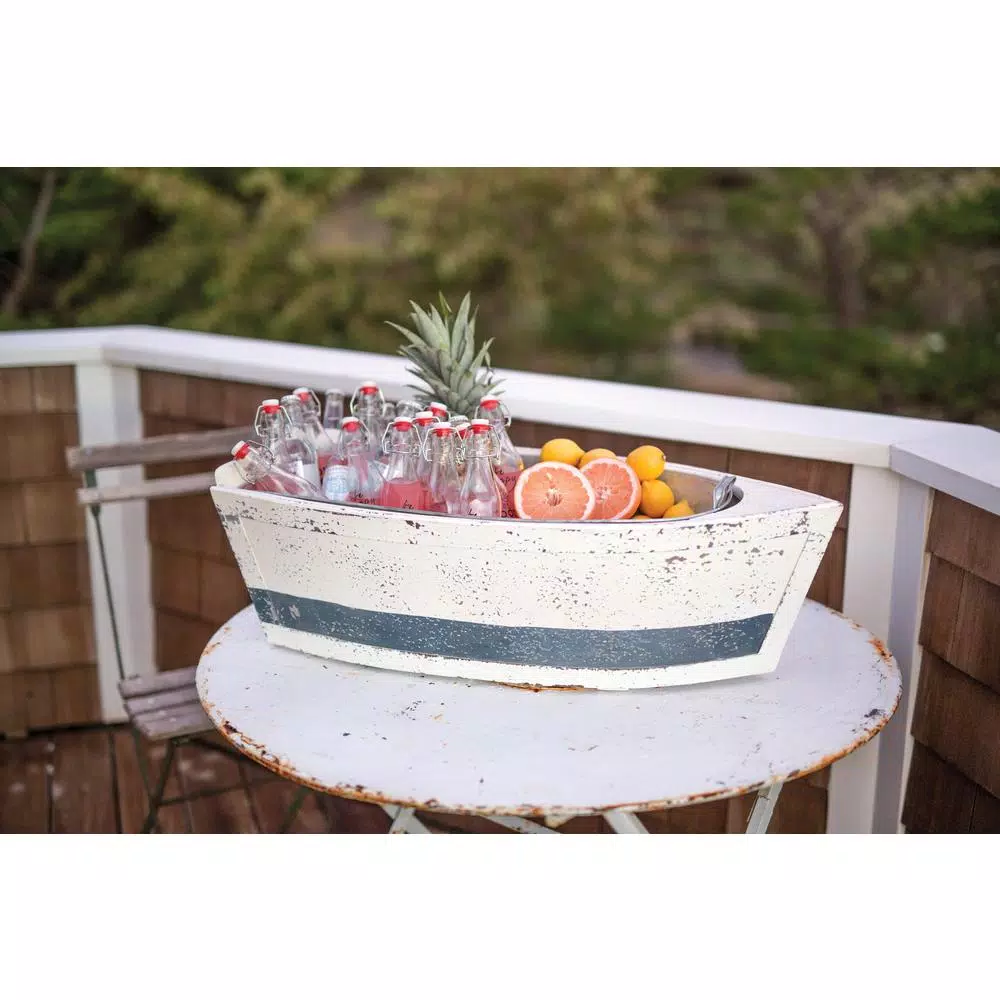 3R Studios Distressed Wood Decorative Boat with Tin Insert - Nautical Display Container