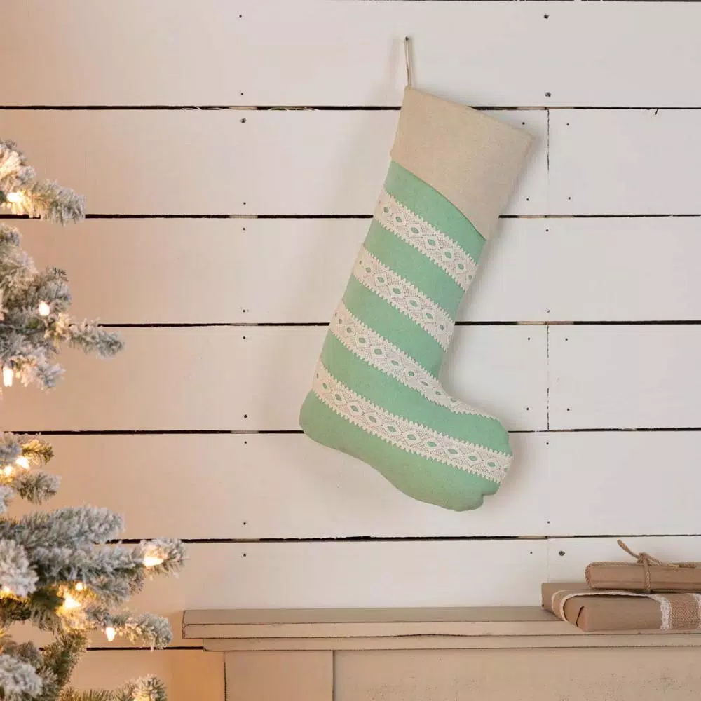 VHC Brands 20 in. Mint Margot Farmhouse Christmas Stocking with Diamond Cut Lace and Cotton/Felt