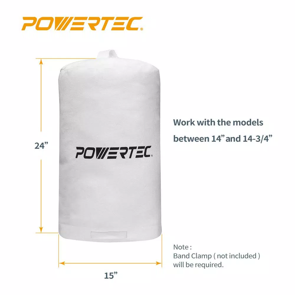 POWERTEC 1 Micron Dust Collector Filter Bag, 15 in. x 24 in., Singed-Felt Replacement