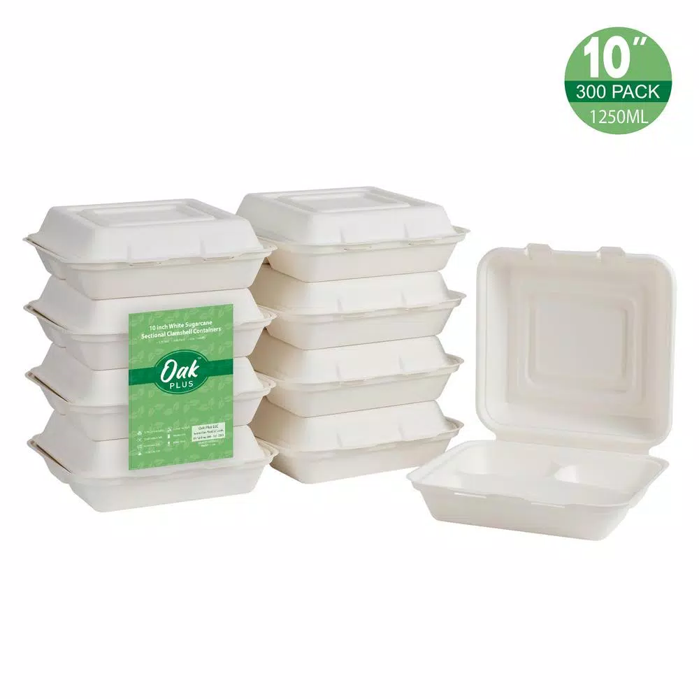 Unbranded 10 in. White Sugarcane 3-Compartment Clamshell Containers, Biodegradable Sectional Food Trays (300 Pack)