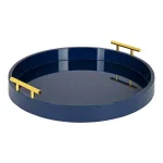 Kate and Laurel Lipton Navy Blue Round Decorative Serving Tray with Polished Metal Handles thumbnail 1