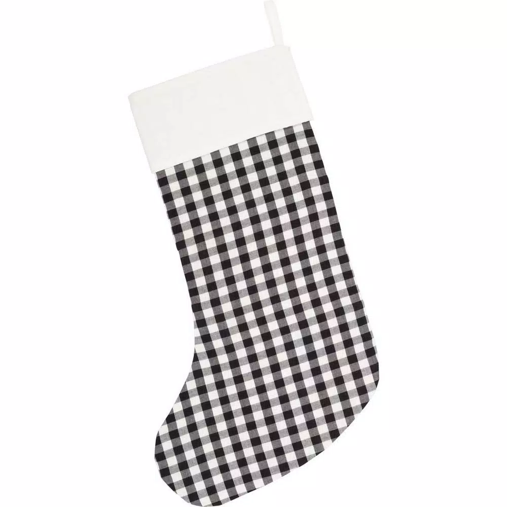 VHC Brands Emmie Farmhouse Christmas Decor 20 in. Black and White Check Cotton Patch Stocking
