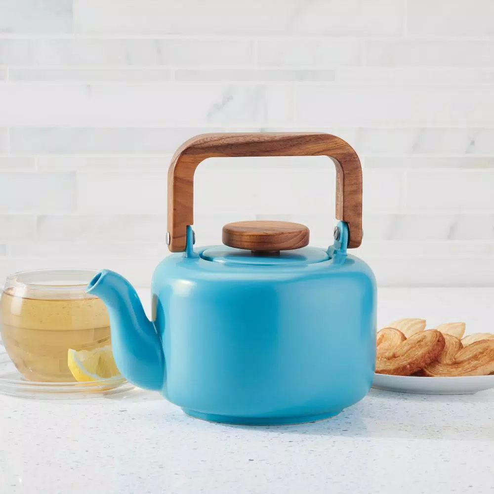 BonJour Ceramic 4-Cup Teapot with Stainless Steel Infuser and Teak Wood Accents, Aqua