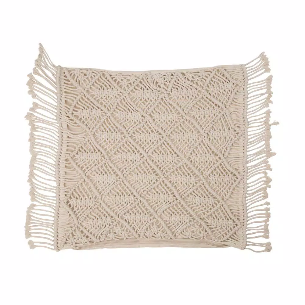 Glitzhome 18x18 Ivory Hollow-Carved Handmade Cotton Rope Pillow Cover with Tassels
