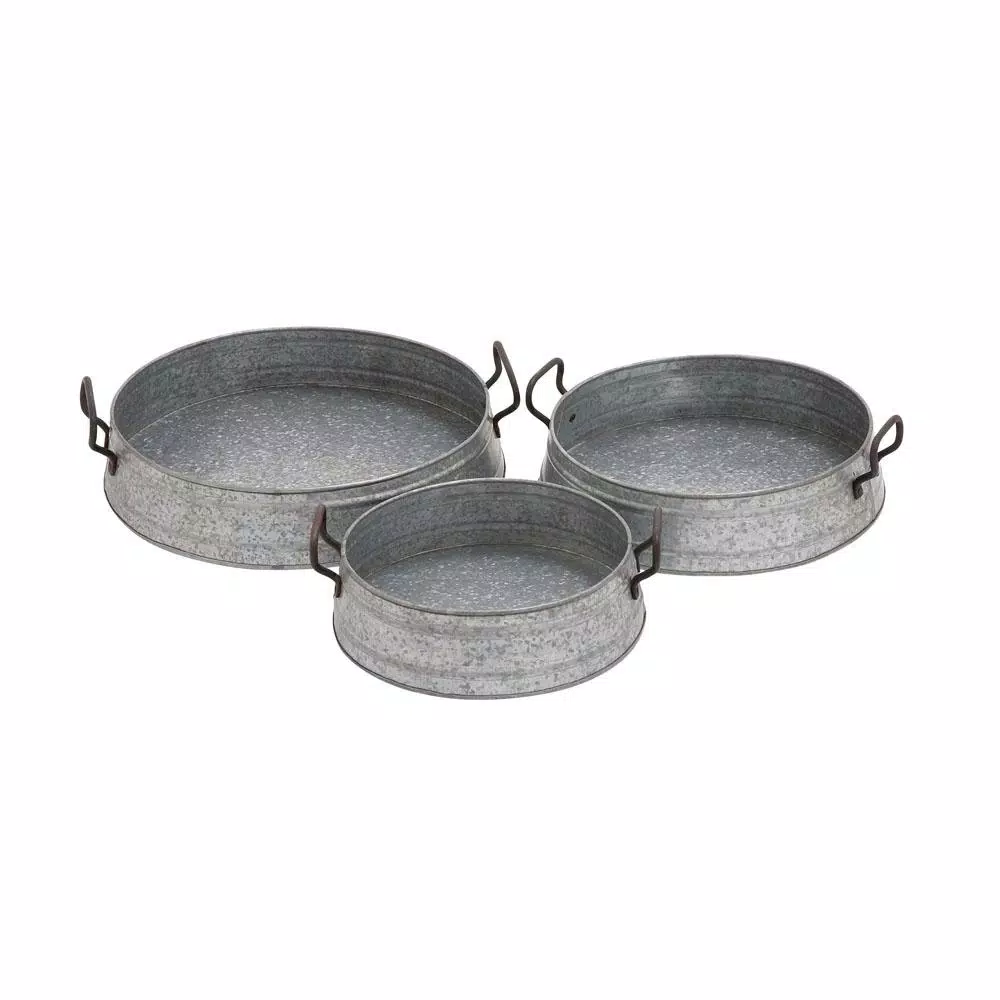 LITTON LANE Farmhouse Rustic Gray Iron Decorative Planter Trays, Set of 3