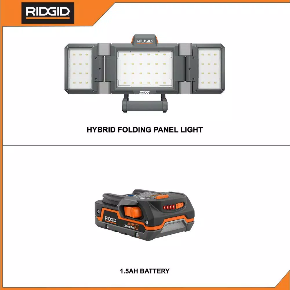 RIDGID 18V Cordless Hybrid Folding Panel Light with 1.5 Ah Lithium-Ion Battery, 2500 Lumens
