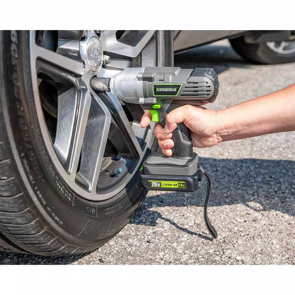 Genesis 20V Lithium-Ion Impact Wrench Kit with LED Light, 2Ah Battery, Charger, 4-Piece Socket Set and Case