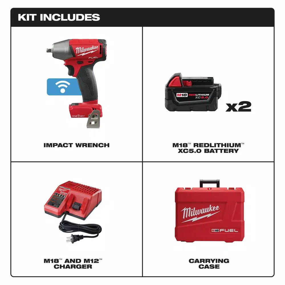 Milwaukee M18 FUEL ONE-KEY 3/8 in. Compact Impact Wrench Kit w/ (2) 5.0 Ah Batteries & Charger