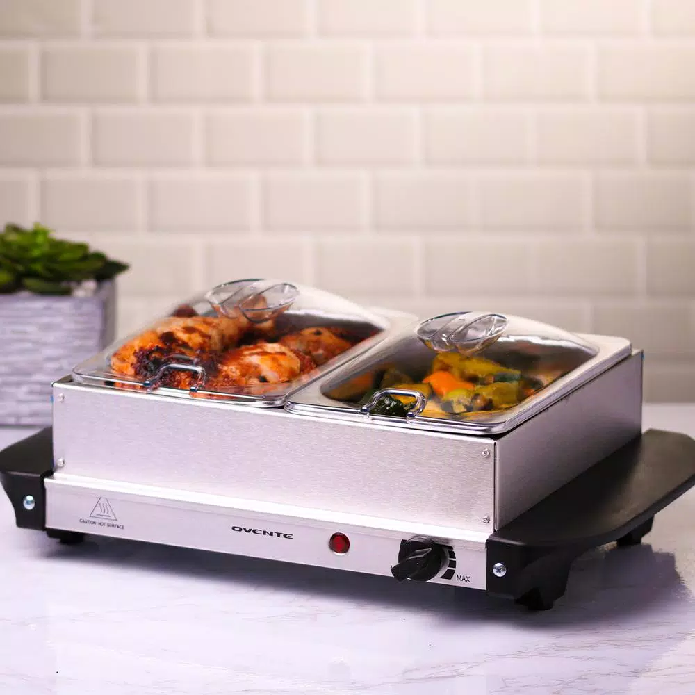 Ovente 2.1 qt. Electric Buffet Server, Stainless Steel Chafing Dish with 2 x 1L Warming Pans and Lids