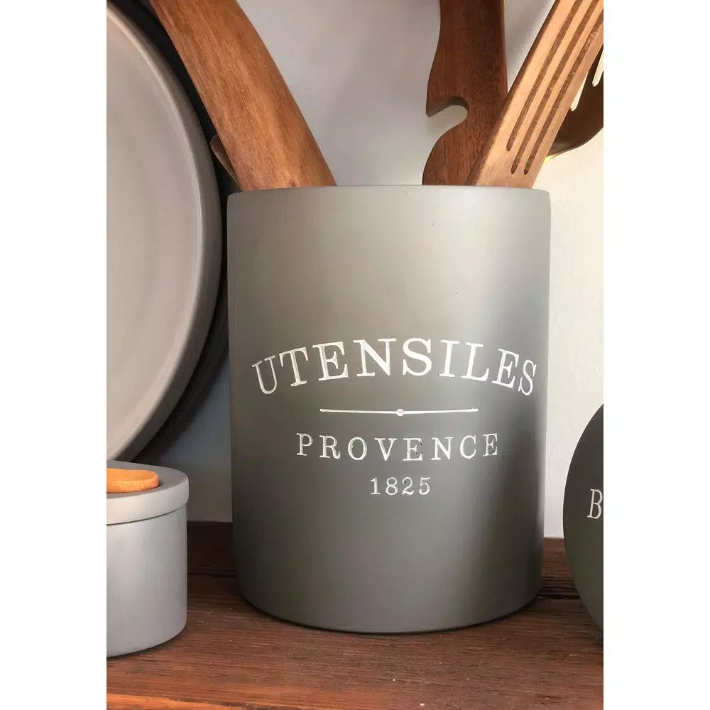 Fox Run 7 in. Slate Grey Round Cement Utensil Holder - Durable Kitchen Tool Crock