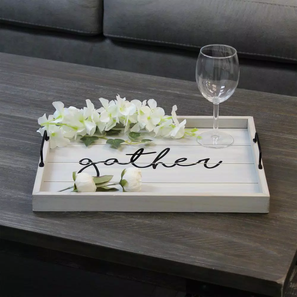 Elegant Designs Gather Gray Wash Decorative Wood Serving Tray with Black Metal Handles