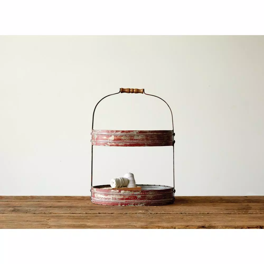 3R Studios Red 2-Tier Oval Iron Decorative Tray with Wood Handle
