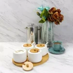 Elama Ceramic Condiment Jar Set with Bamboo Lids, Serving Spoons & Tray - 13 Piece White Set thumbnail 3
