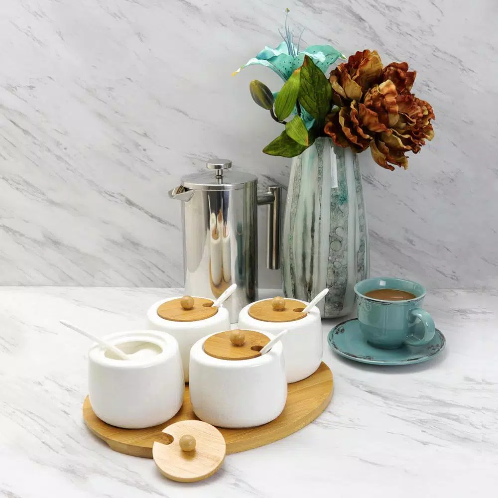 Elama Ceramic Condiment Jar Set with Bamboo Lids, Serving Spoons & Tray - 13 Piece White Set