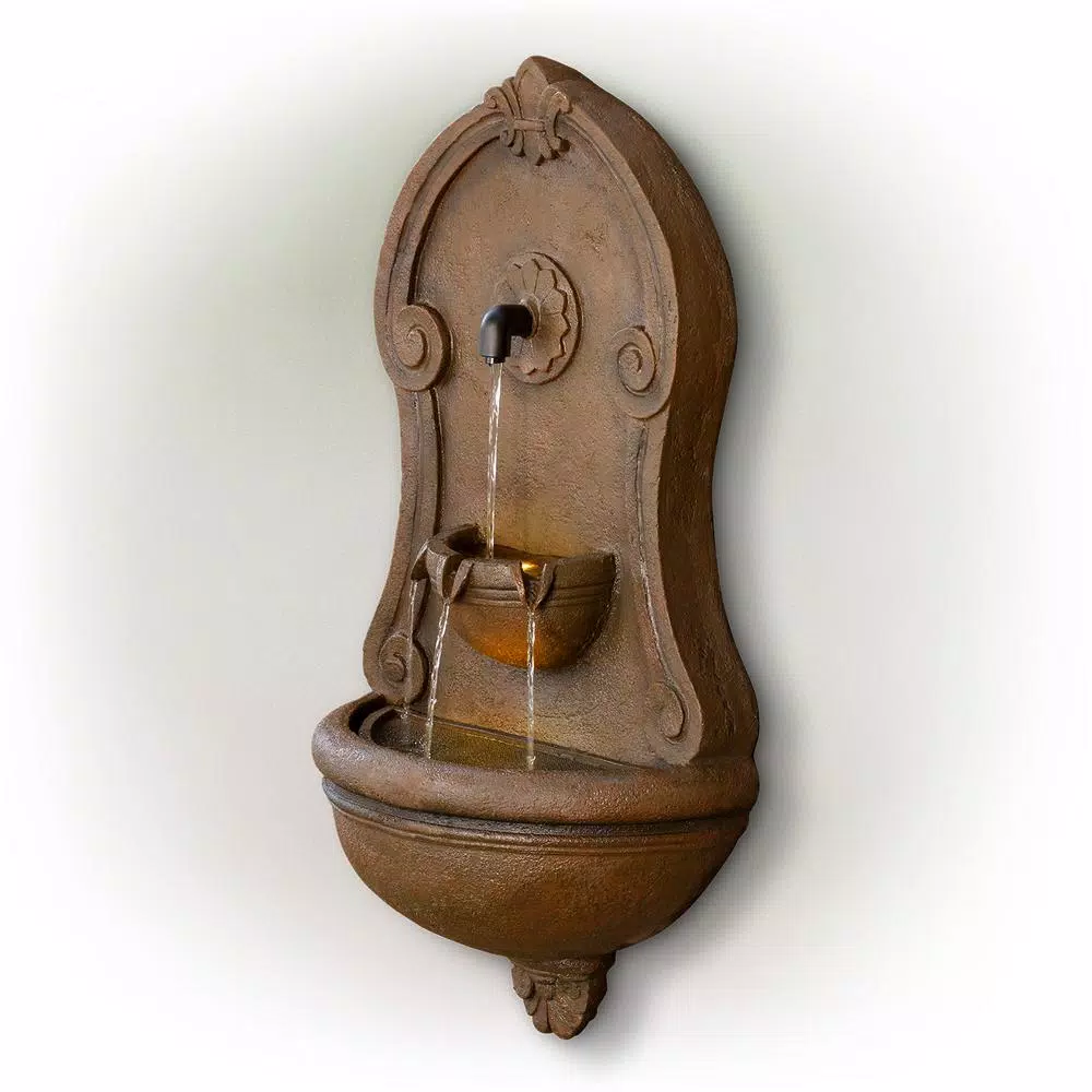Alpine Corporation 32 in. Wall-Mounted Tiered Water Fountain with LED Lights, Classical European Design