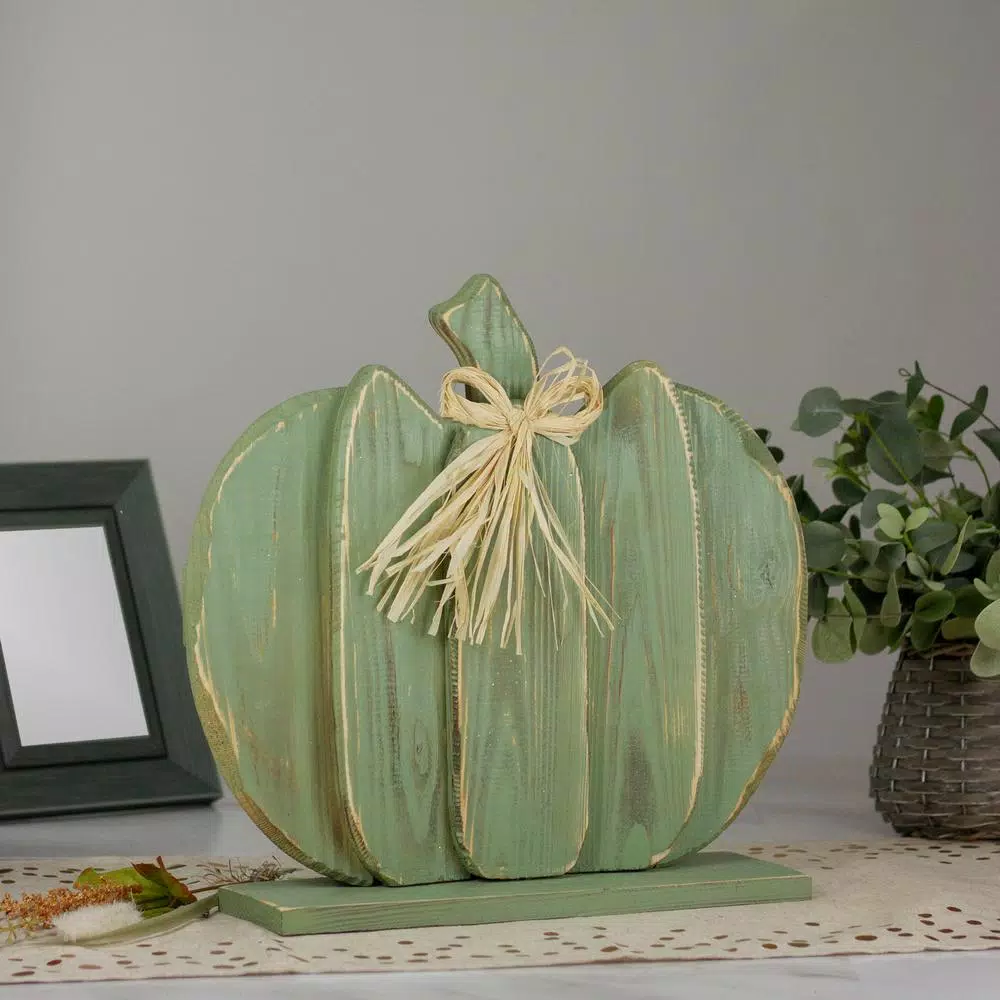 Northlight 14.5 in. Blue Slatted Wood Pumpkin Decoration with Twine Bow
