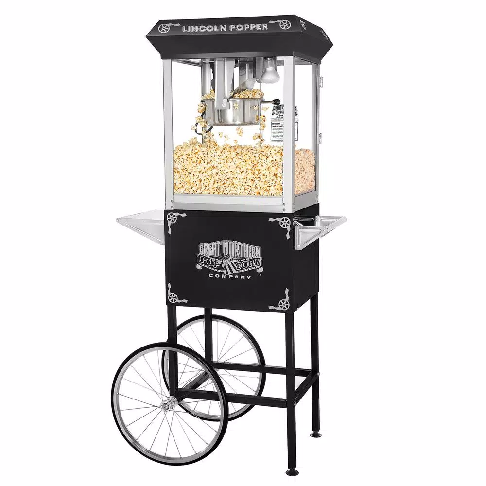 Great Northern Popcorn Lincoln 8 oz. Black Popcorn Machine with Mobile Serving Cart