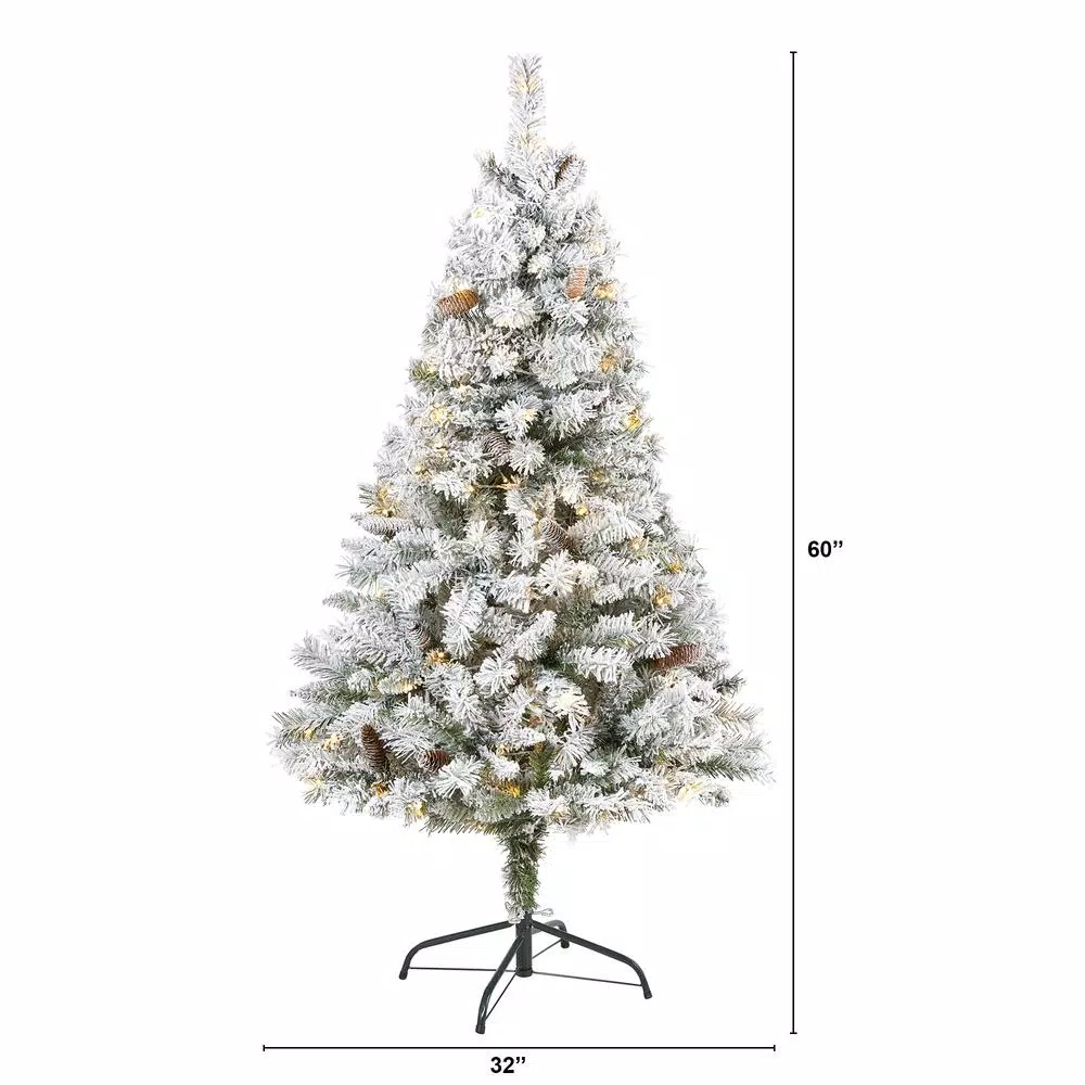 Nearly Natural 5 ft. Flocked River Mountain Pine Artificial Christmas Tree with 150 LED Lights and Pine Cones