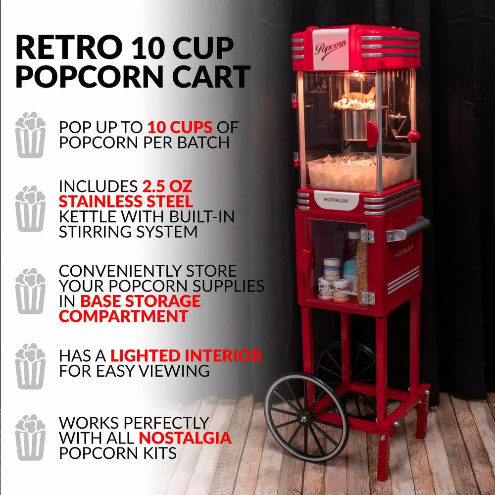 Nostalgia Retro Red Popcorn Cart with 2.5 oz. Kettle and Lighted Interior, 300W