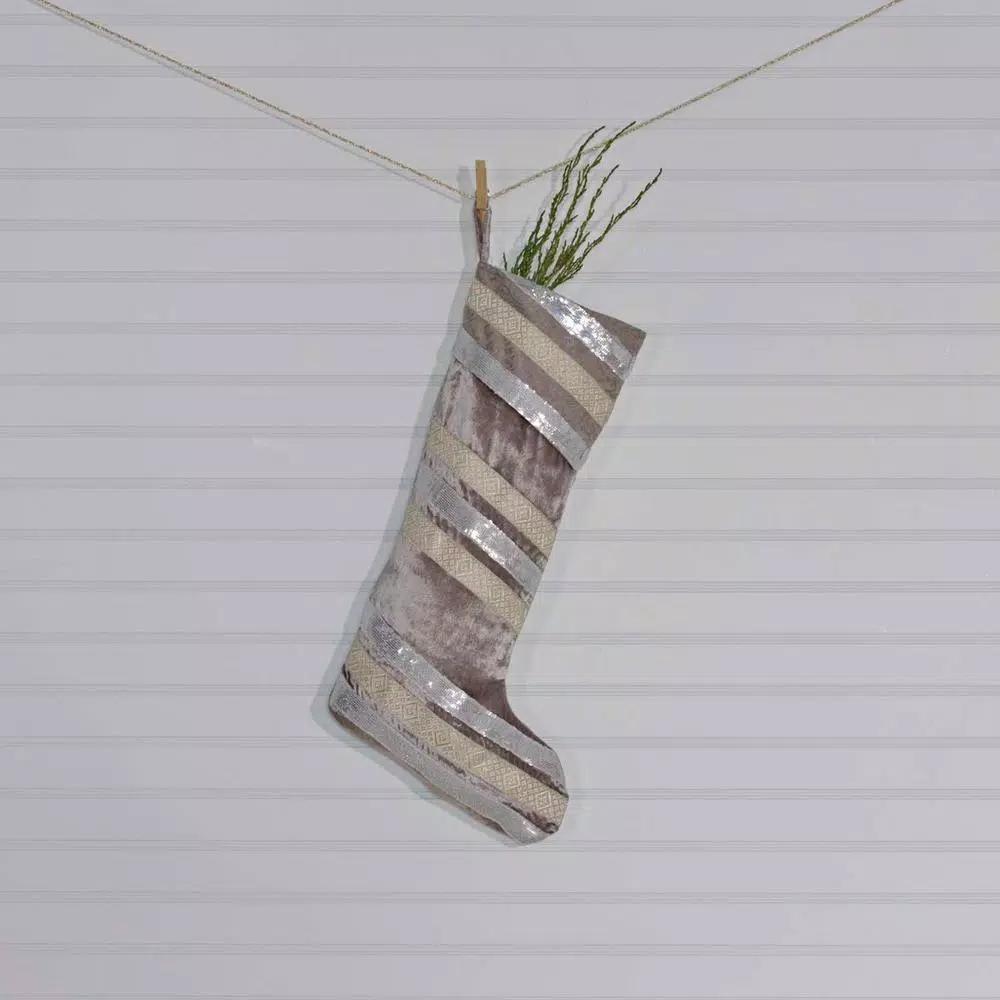 VHC Brands 20 in. Allura Dove Grey Viscose Velvet Christmas Stocking with Taupe and Silver Trim