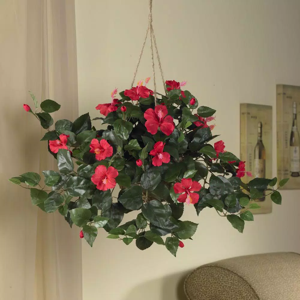 Nearly Natural 24 in. Hibiscus Hanging Basket with Red Blooms and Wicker-Style Planter