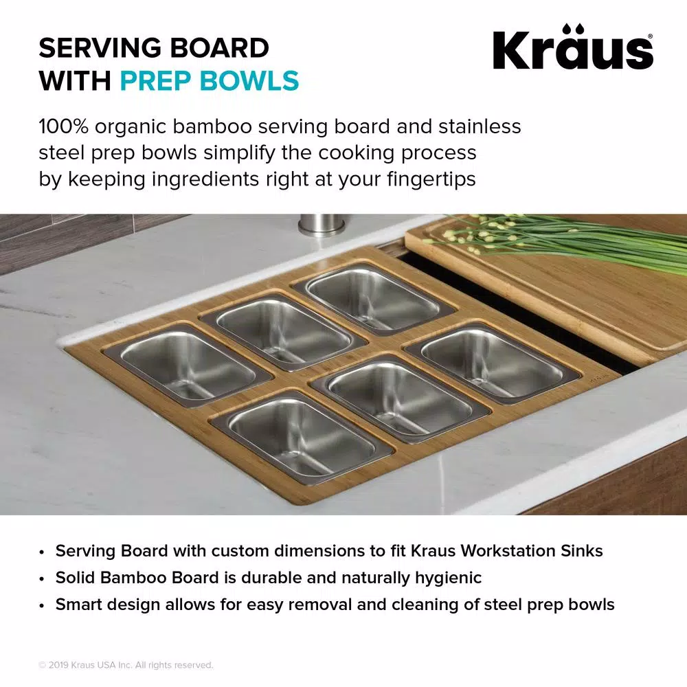 Kraus Workstation Kitchen Sink Accessory Set with Bamboo Serving Board and 6 Stainless Steel Prep Bowls