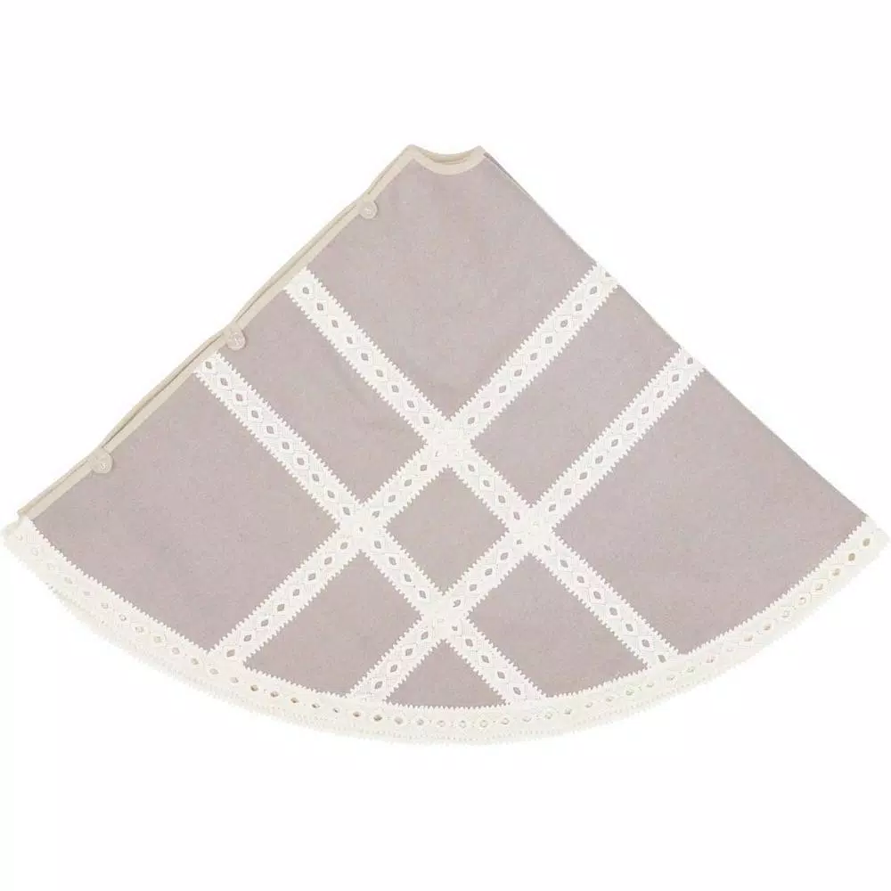 VHC Brands 55 in. Grey Margot Farmhouse Christmas Tree Skirt with Diamond Lace and Chambray