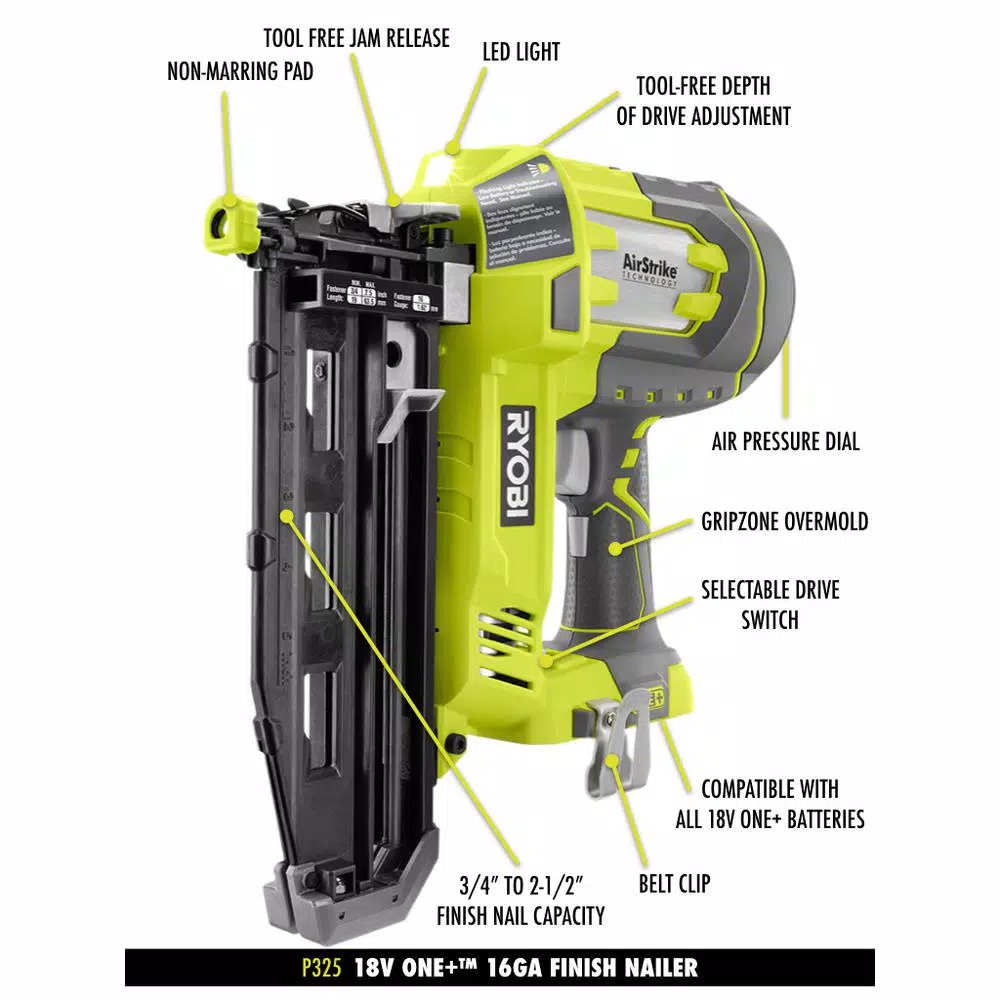 RYOBI 18V ONE+ AirStrike 18-Gauge Brad Nailer and 16-Gauge Finish Nailer 2-Tool Combo Kit