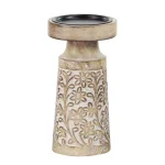 LITTON LANE Rustic Mango Wood and Iron Candle Holder Set of 3 with Floral Carvings thumbnail 6