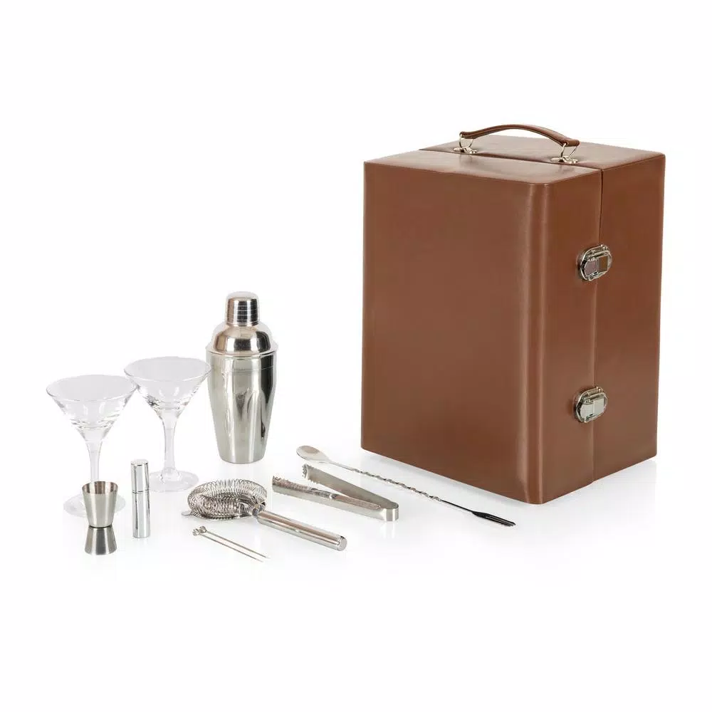 Picnic Time Manhattan Portable Cocktail Case - Mahogany Brown Leatherette Martini Set with Stainless Steel Accessories