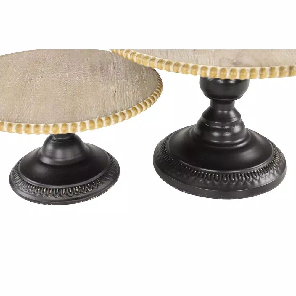 LITTON LANE Natural Beige Chinese Fir Wood and Black Iron Round Decorative Tray Stands Set of 2