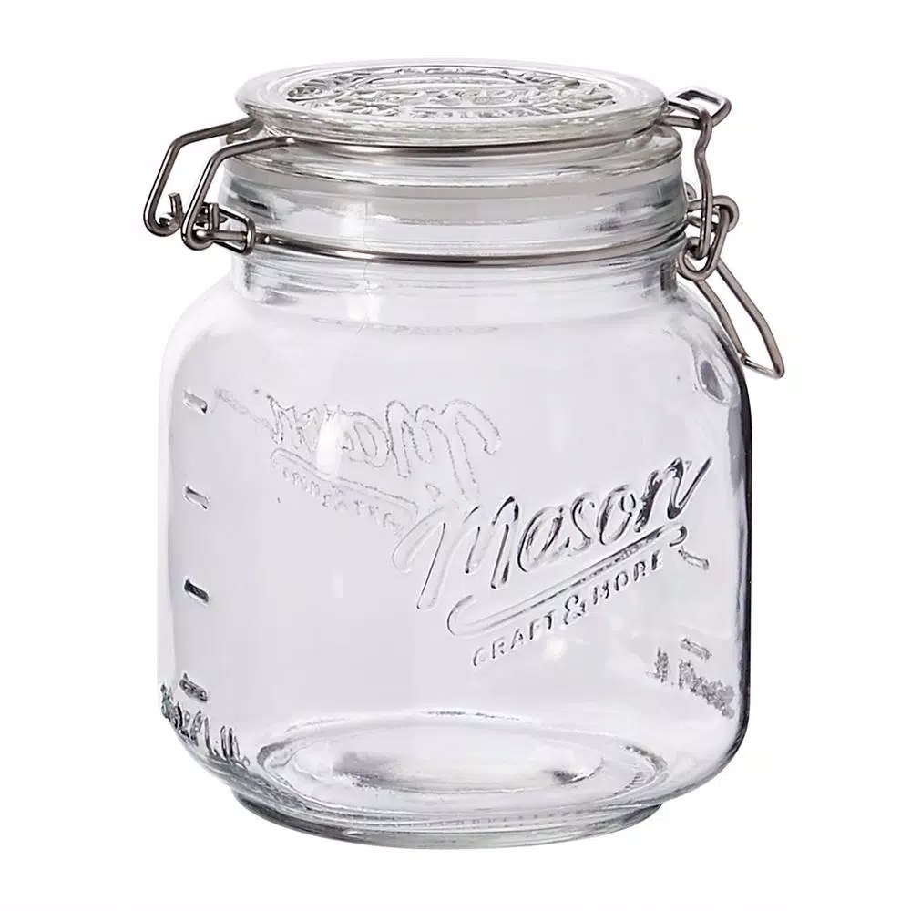 Unbranded 34 oz. Mason Embossed Glass Preservative Jars with Wire Clasp Lid (Set of 2)