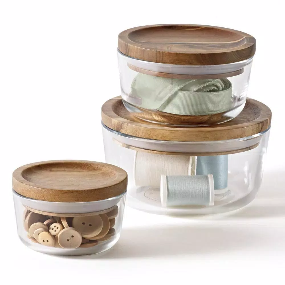 Pyrex Simply Store 6-Piece Pyrex Glass Food Storage Container Set with Acacia Wood Lids