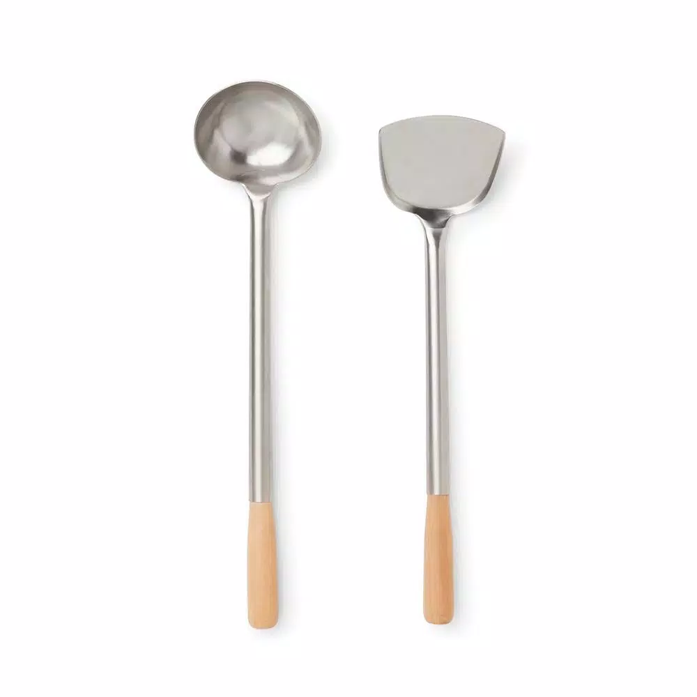 Fox Run Lotus Series 17 in. Chuan Spatula and Hoak Soup Ladle Set, Stainless Steel with Wood Handles