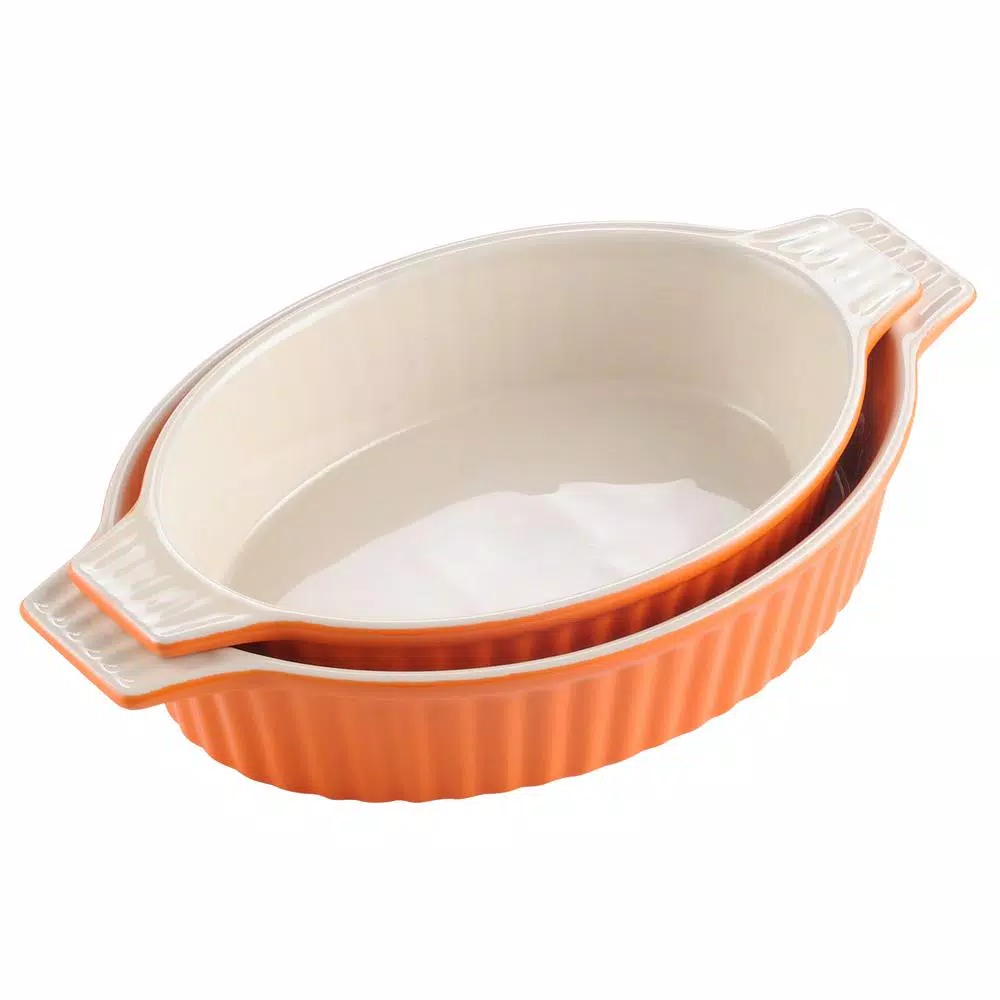 MALACASA 2-Piece Orange Oval Porcelain Bakeware Set, 12.75 in. and 14.5 in. Ceramic Baking Pans